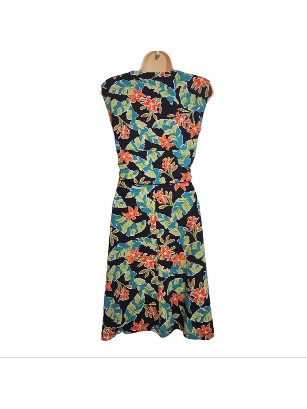 Lands End Green Black Floral Wrap A Line Dress Medium 10 12 - Picture 6 of 11